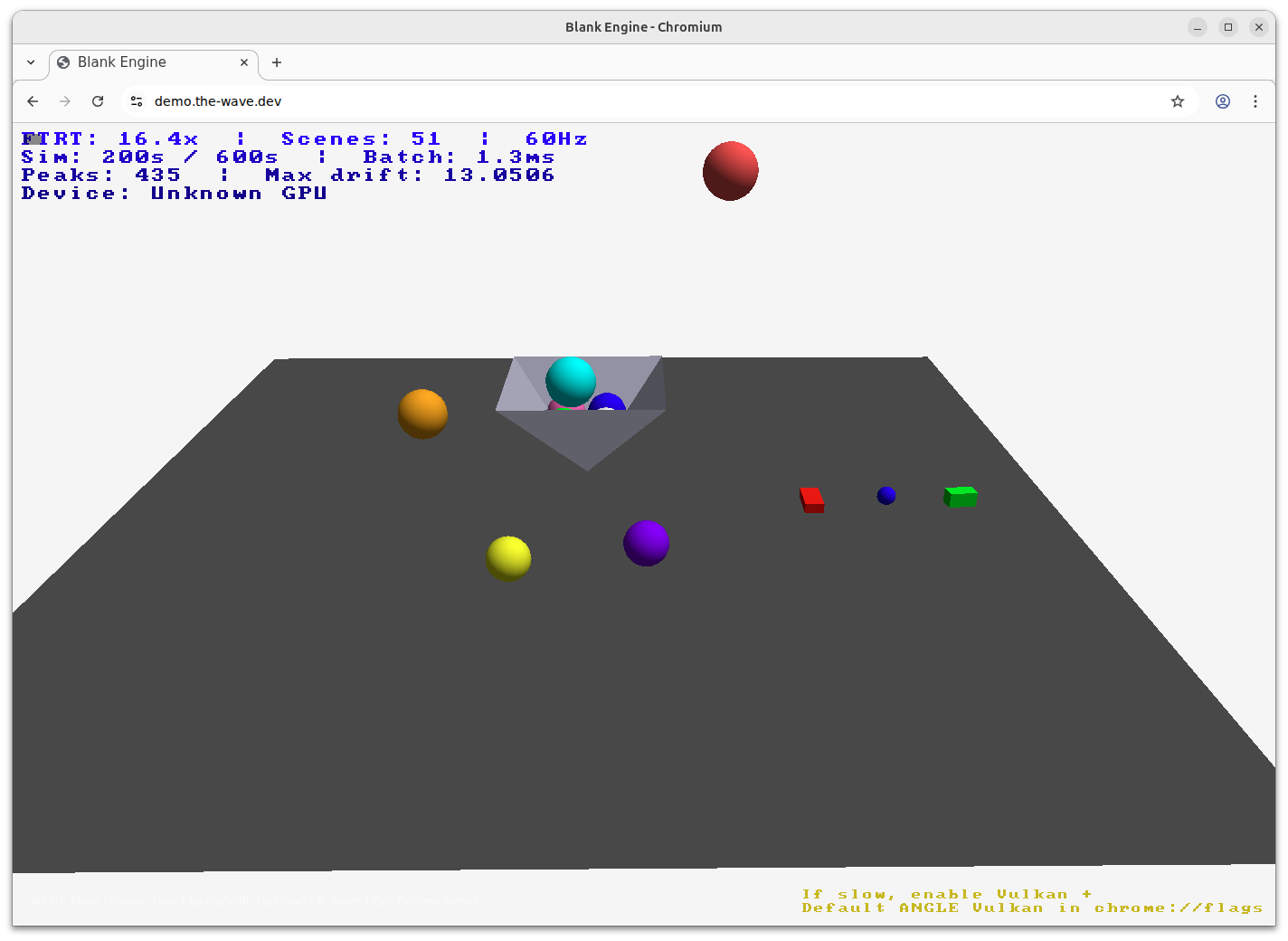 blank engine demo showing physics simulation with various 3D objects